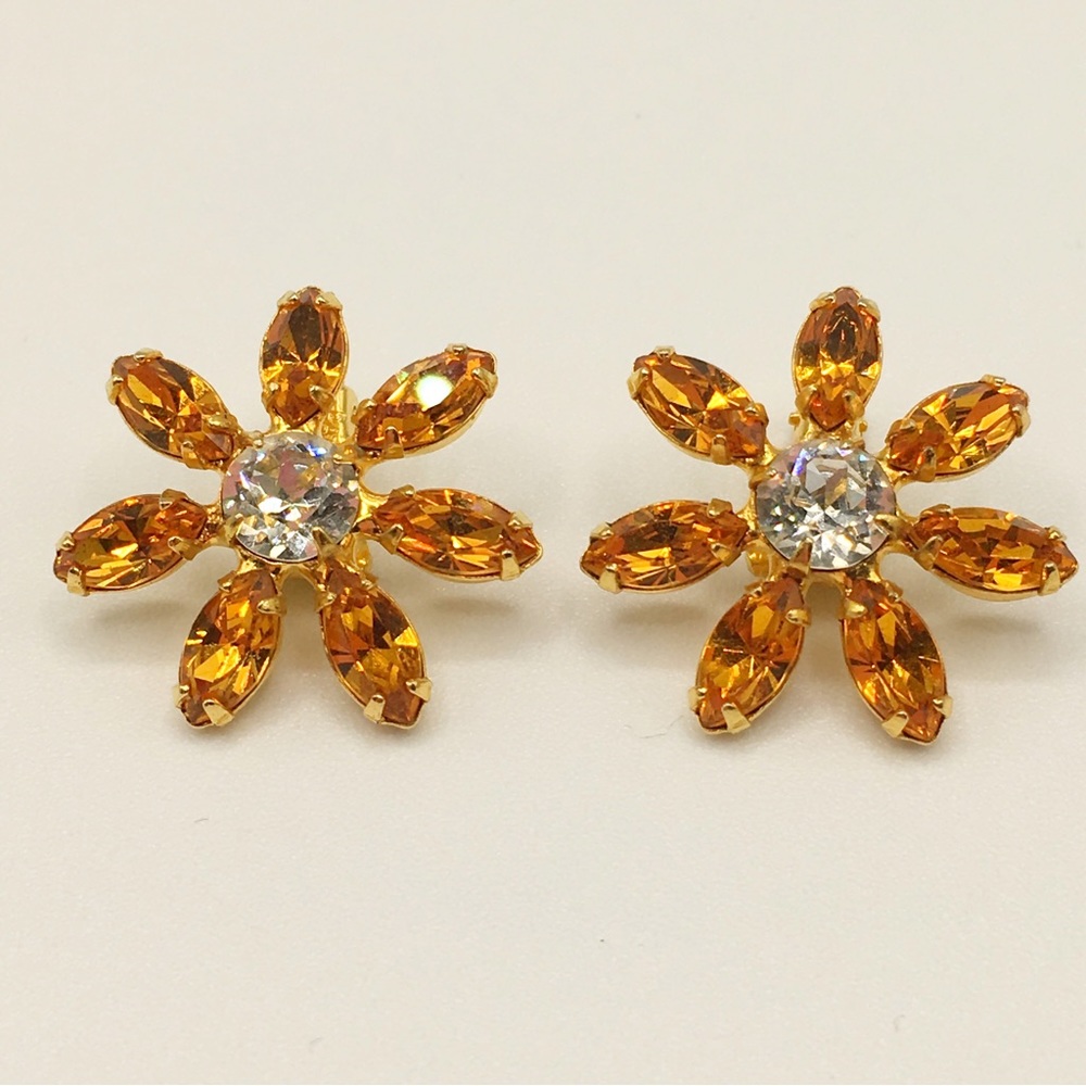 B. David Vintage Gold Tone Citrine/Topaz Crystal Floral Clip Earrings